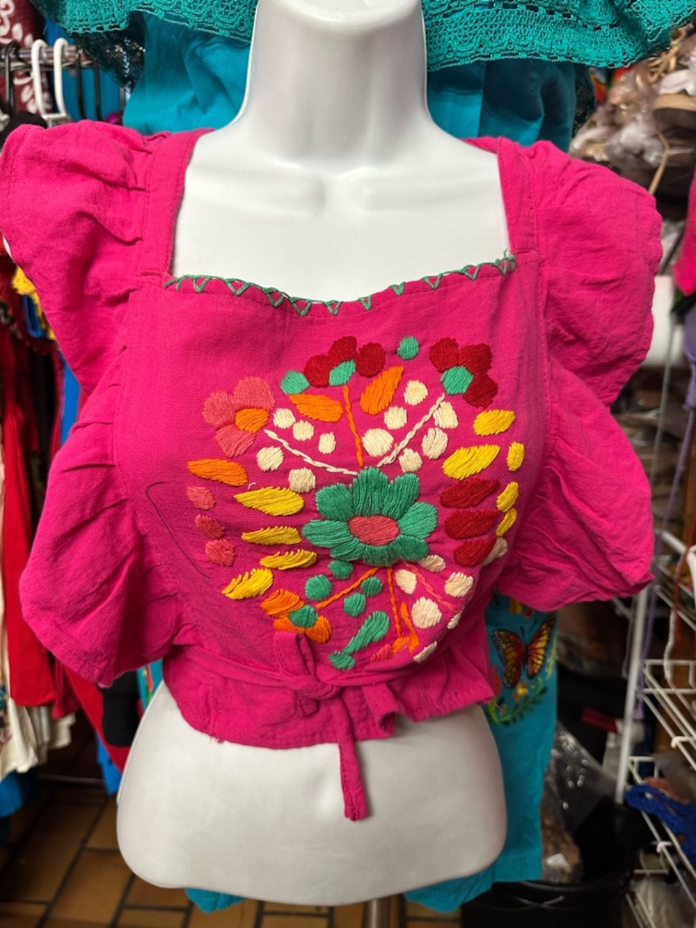 Embroidered Fuchsia Puff-Sleeve Crop Top